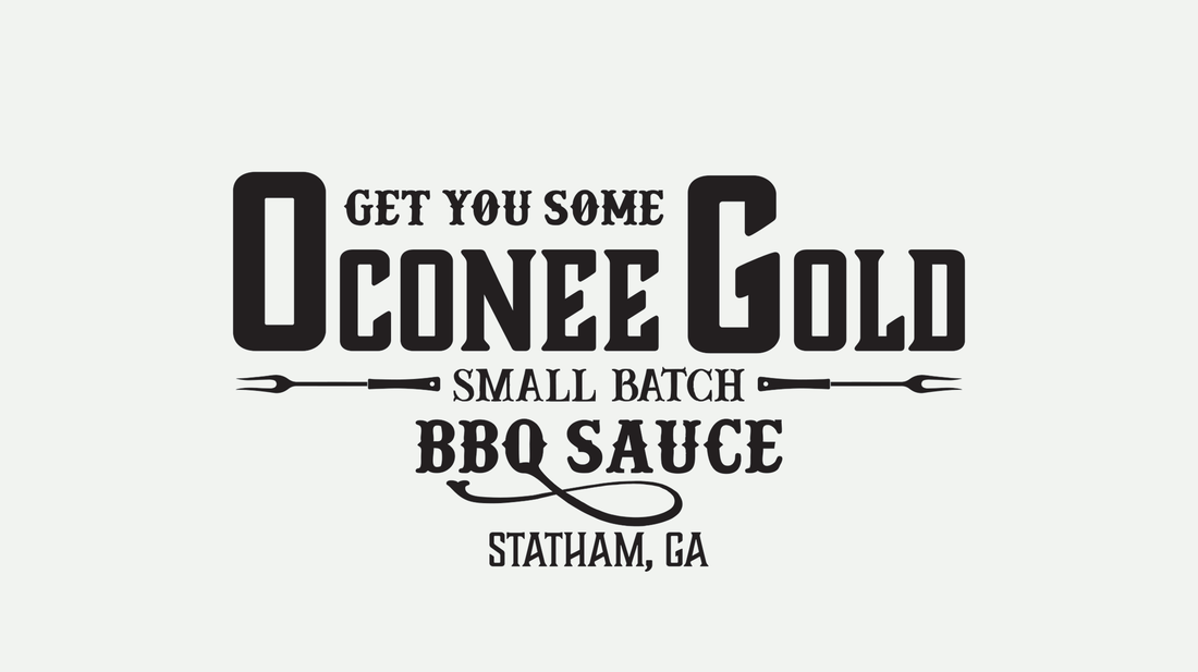 Oconee Gold Original BBQ Sauce bottle, small batch mustard-based barbecue sauce in a 16 oz container.