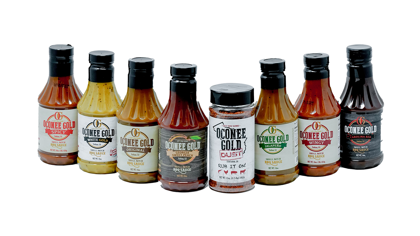 The full lineup of Oconee Gold BBQ Sauces