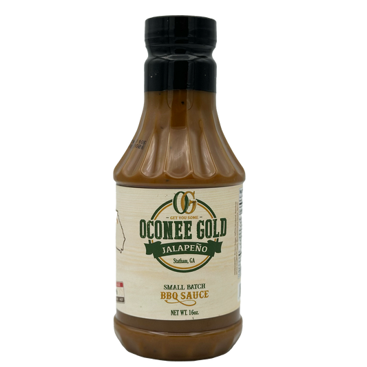 Oconee Gold Jalapeno BBQ Sauce in a 16oz bottle.